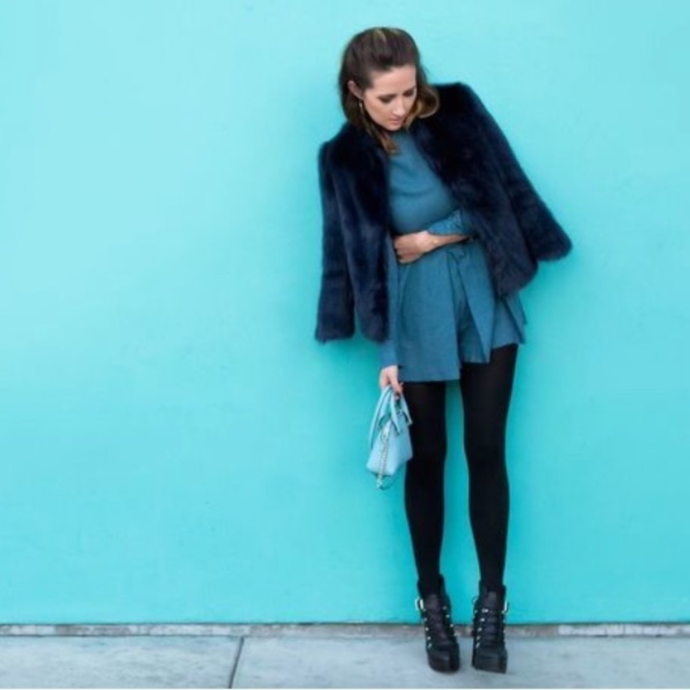 ZARA Trafaluc faux fur jacket short fur midnight blue Size S - Picture 14 of 15